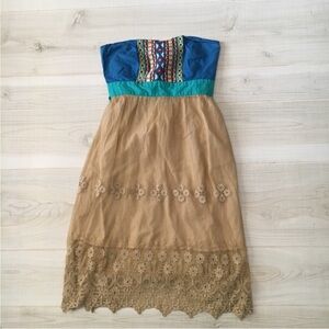 Flying Tomato Strapless Blue Teal and Tan Lace Midi Dress